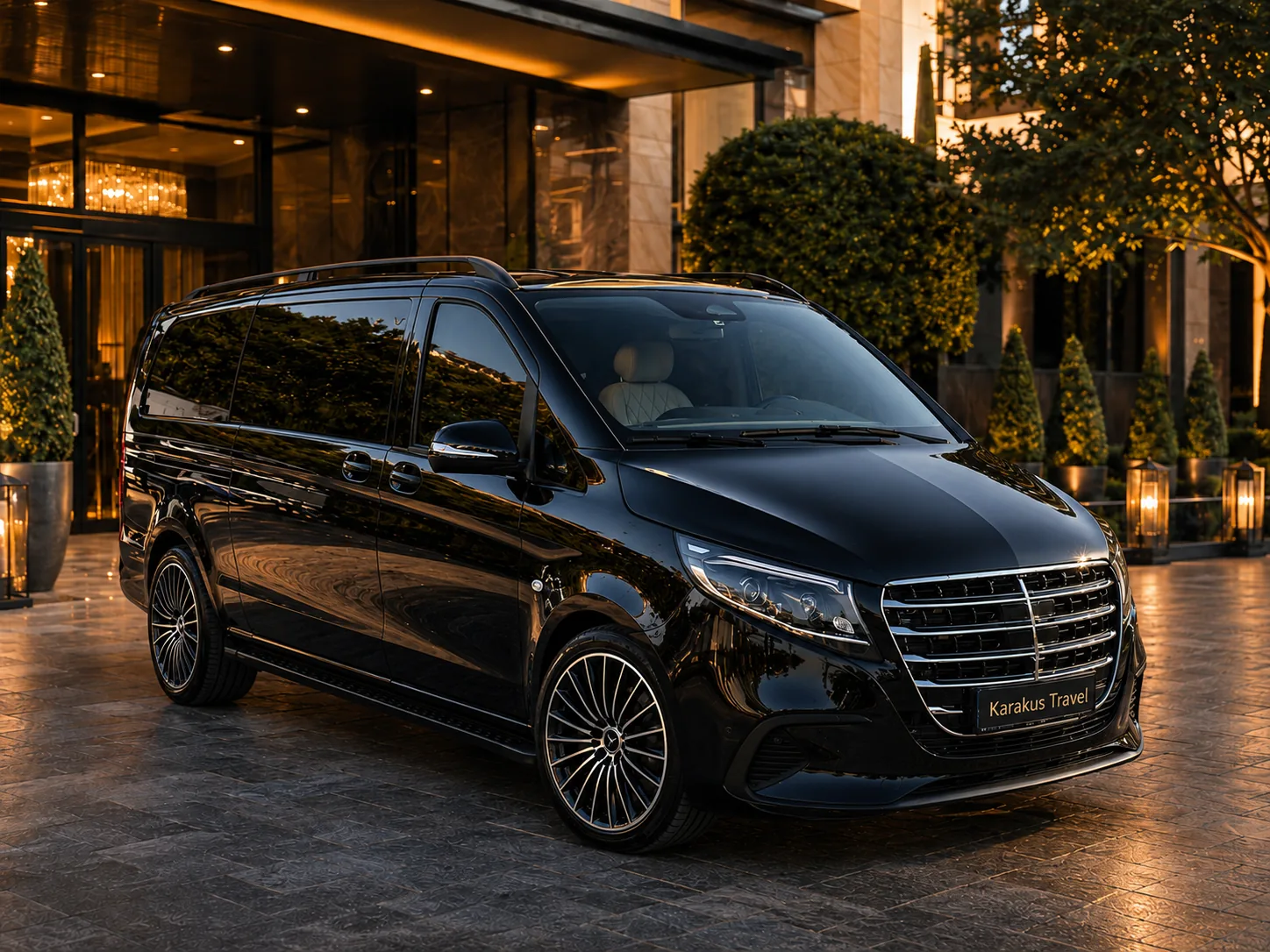 Black Mercedes Vito VIP vehicle in a premium private arrival setting